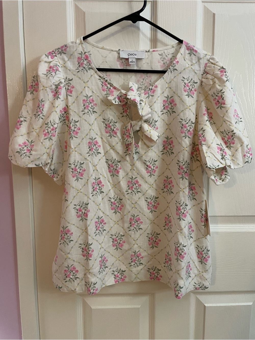 CeCe Cream Blouse with Pink Rose Print and Tie Neck